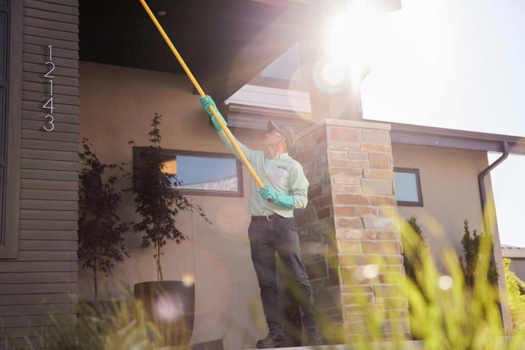 An Aptive Pest Control Pest Control Specialist In A Uniform Using A Long Pole To Treat The Exterior Of A House, With Sunlight And Lens Flare Visible.