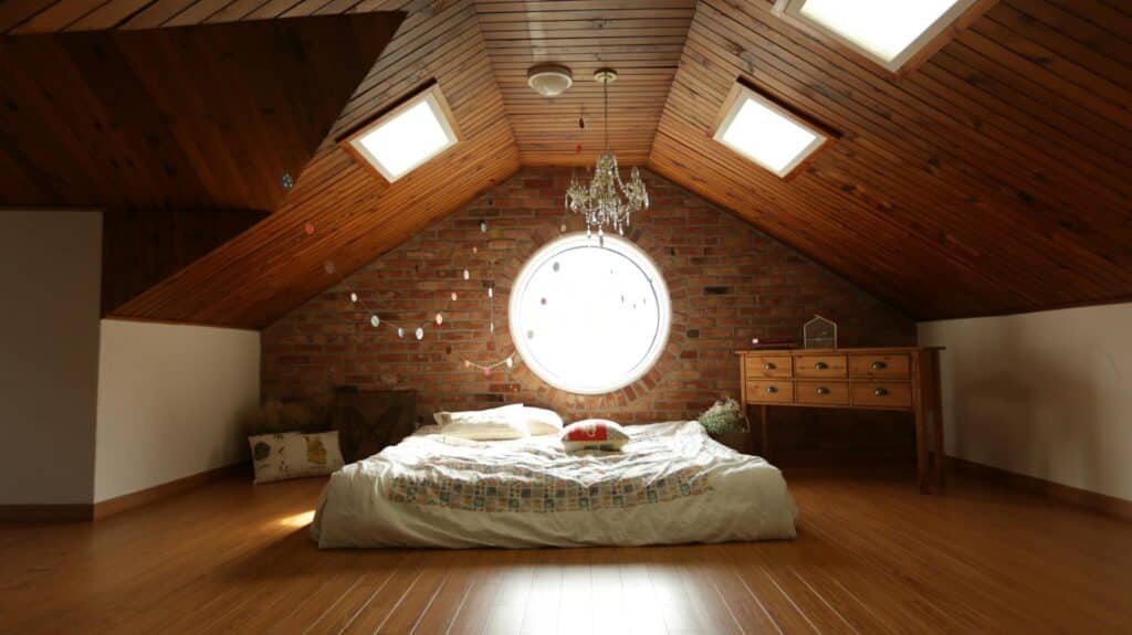 A Cozy Attic Bedroom With A Sloped Wooden Ceiling, Circular Window, Exposed Brick Accent Wall, And A Low Bed With Patterned Bedding. The Room Features A Crystal Chandelier, Skylights, A Wooden Dresser, And Light String Decorations Hanging Across The Ceiling.
