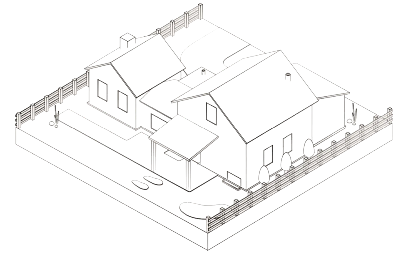 Line Drawing Of A House And Yard, Surrounded By A Fence, Showcasing An Overview Of A Property Layout.